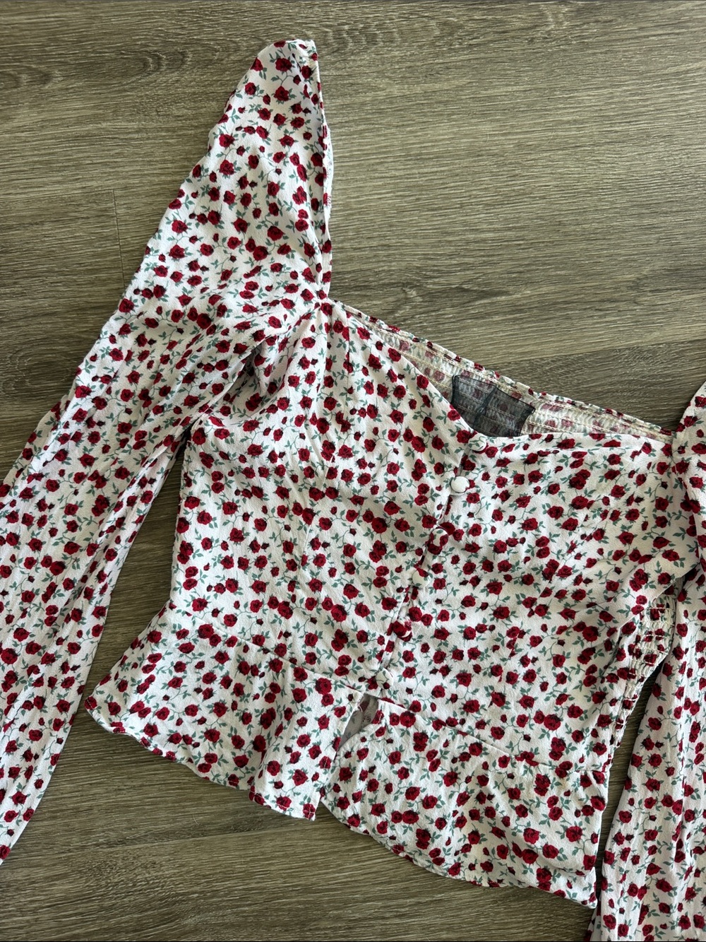 Reformation floral print white and red rose long sleeve button front blouse 4